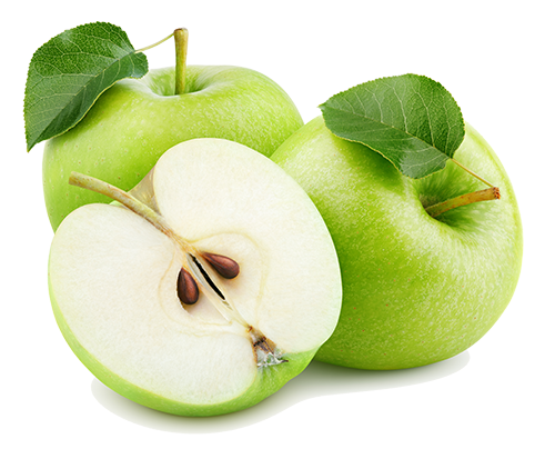 Group of ripe green apple fruits with half and green leaves isolated on white background. 
